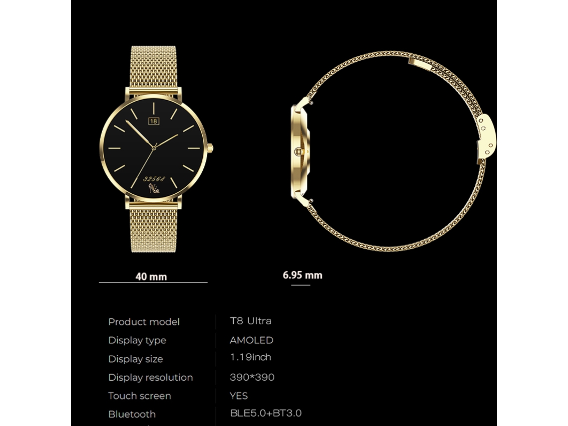 Reloj inteligente CHRONUS T8 Ultra de 1,19" AMOLED con diseño ultradelgado y 3 correas – Dorado