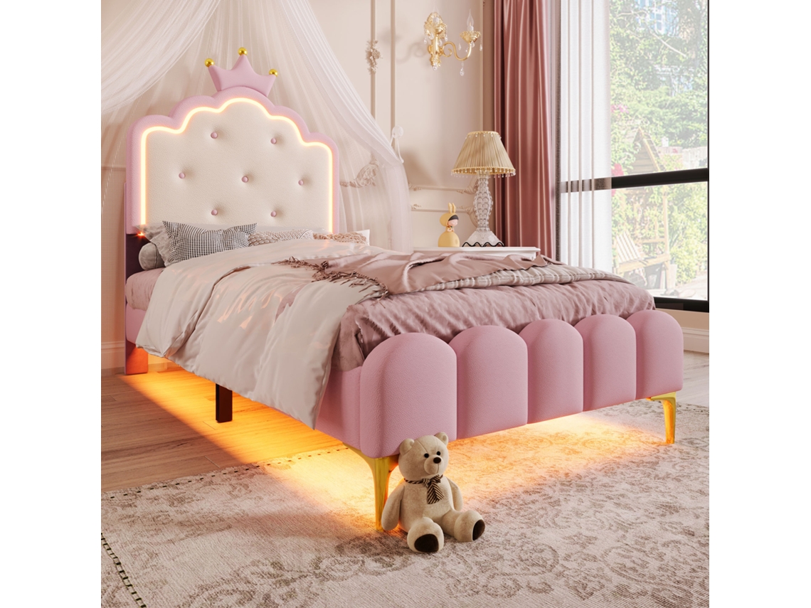 Cama Individual Princess Crown 90x200cm Con Listones Y Luz Ambiental En Rosa