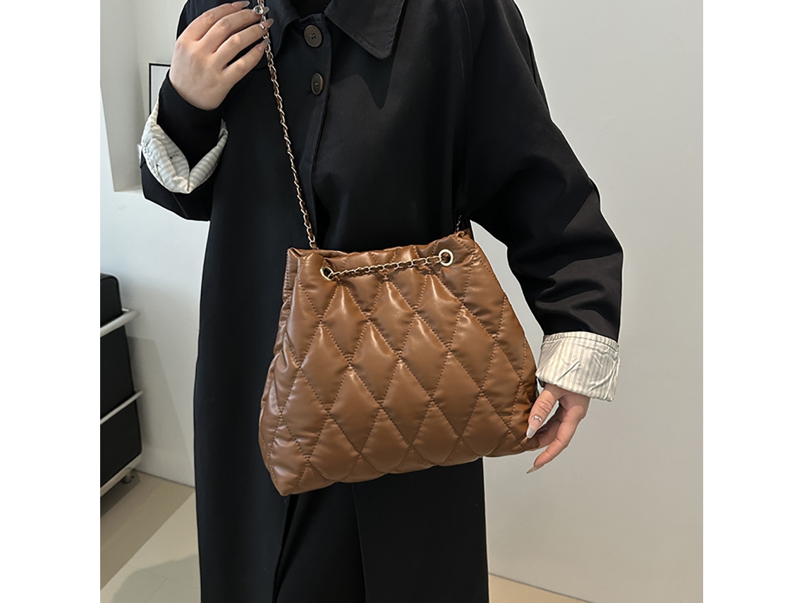 Bolso De Hombro Para Mujer Con Cadena Con Estampado De Rombos, Gran Capacidad, Marrón Claro.