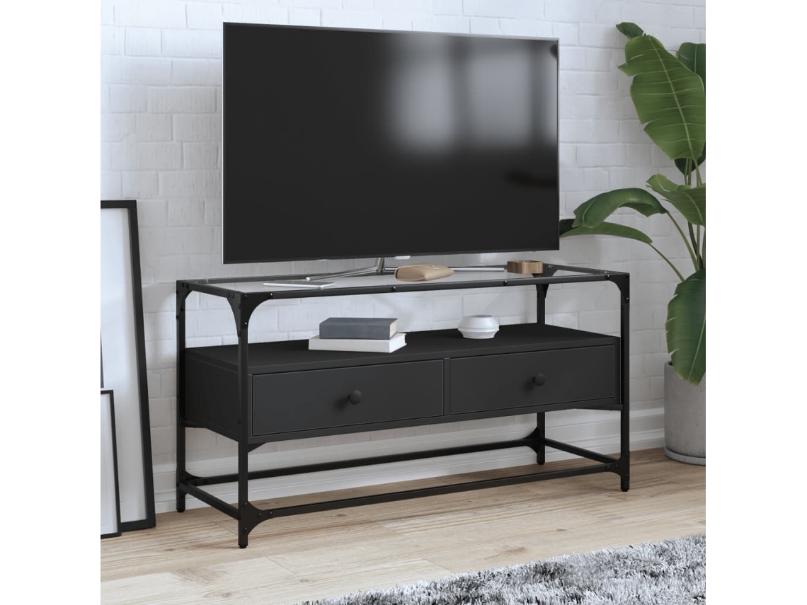 Mueble TV cristal y madera ingeniería negro 98x35x51 cm