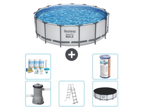 Piscina BESTWAY Round Steel Pro MAX - 457 x 122 cm - Gris - Bomba incluida - Escalera - Cobertor Paquete de mantenimiento - Filtrar