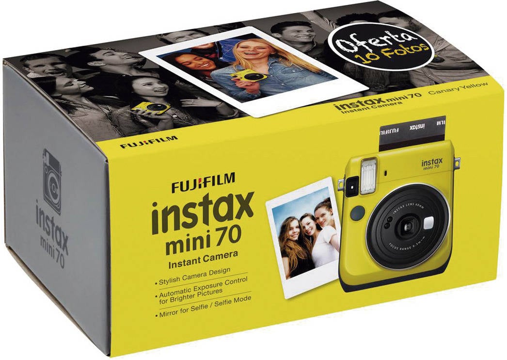 Kit Fujifilm Instax mini 70 amarillo carga film modo selfie canary yellow obturación 12 1400 2 cr2dl 62x46mm
