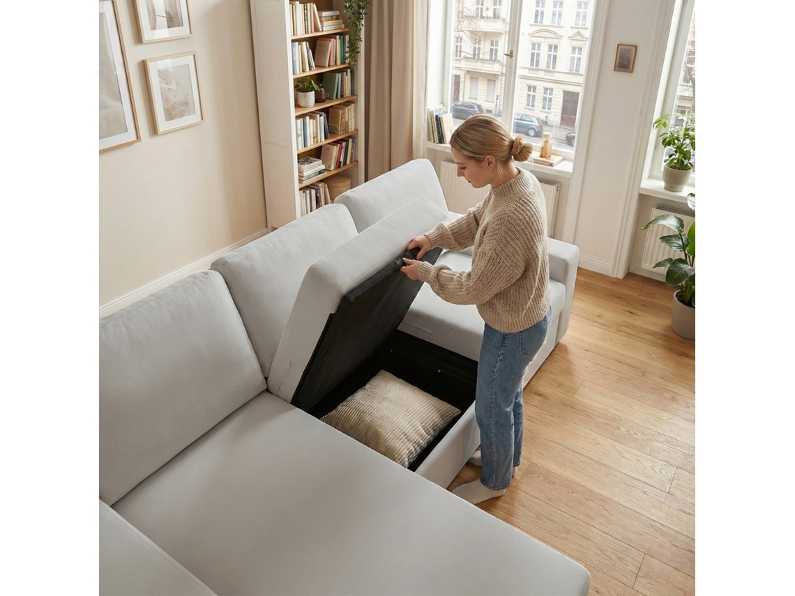 Sofá Esquinero 3 Plazas - Con Almacenamiento, Chaise Longue, Moderno Y Cómodo, Muelles Ensacados - Gris Claro