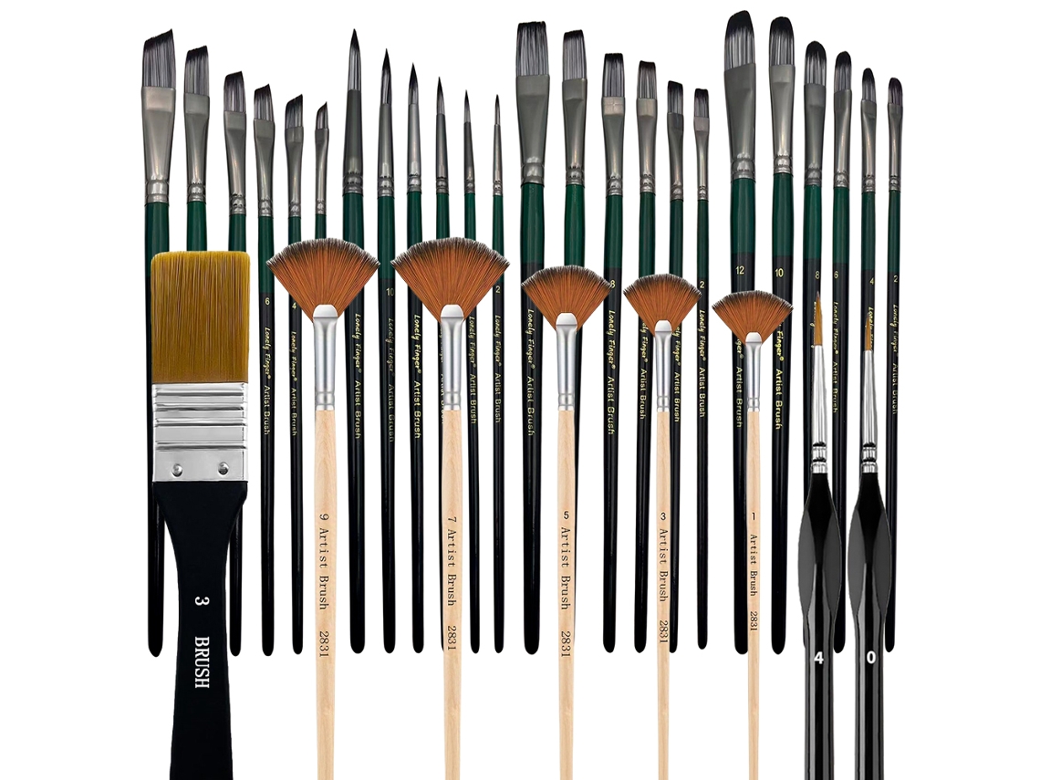 Juego de 32 pinceles para artistas (negros y verdes), que incluye pinceles redondos, planos, angulares y de detalle con cerdas de nailon.