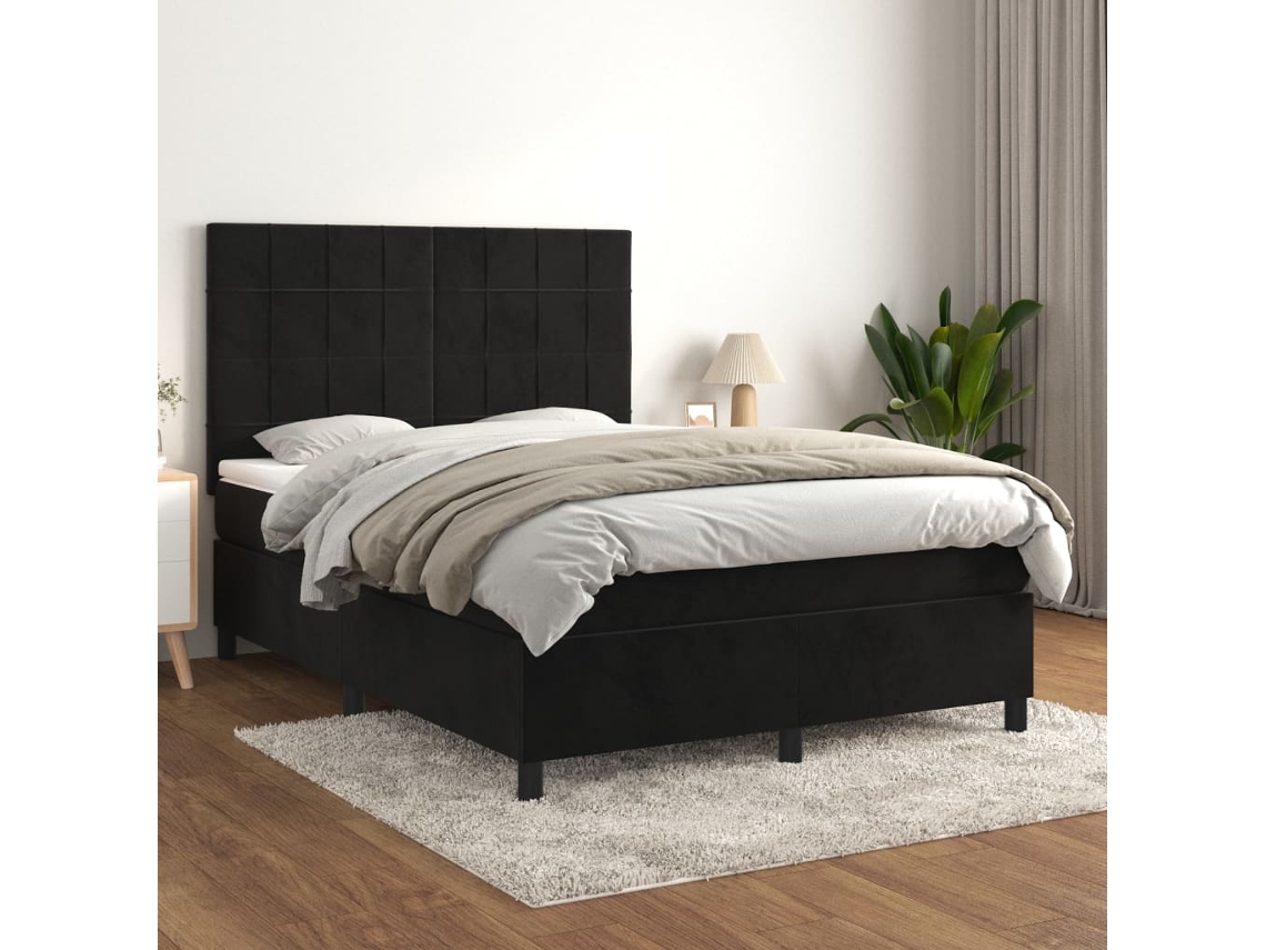 Cama Box Spring Con Colchón Terciopelo Negro 140x190 Cm