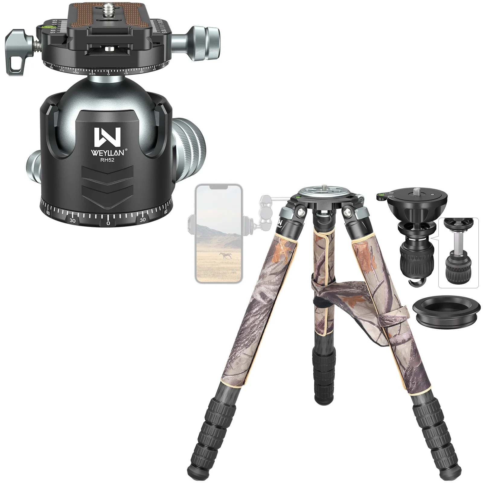Trípode compacto de fibra de carbono LX9G, tubo de 40 mm, profesional, capacidad de carga de 40 kg, cuenco de 75 mm, para DSLR y observación de aves, cuenco y cabezal de 52 mm
