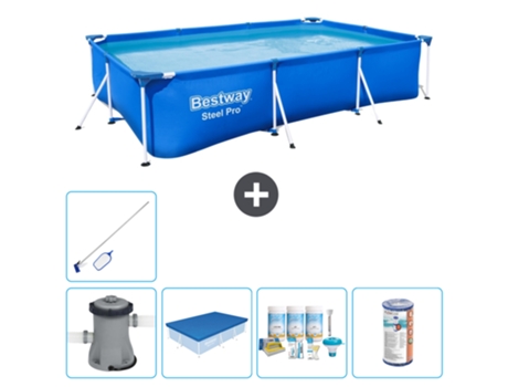 Piscina BESTWAY rectangular Steel Pro - 300 x 201 x 66 cm - Azul - Bomba incluida Cubrir - Paquete de mantenimiento - Filtrar - kit de limpieza
