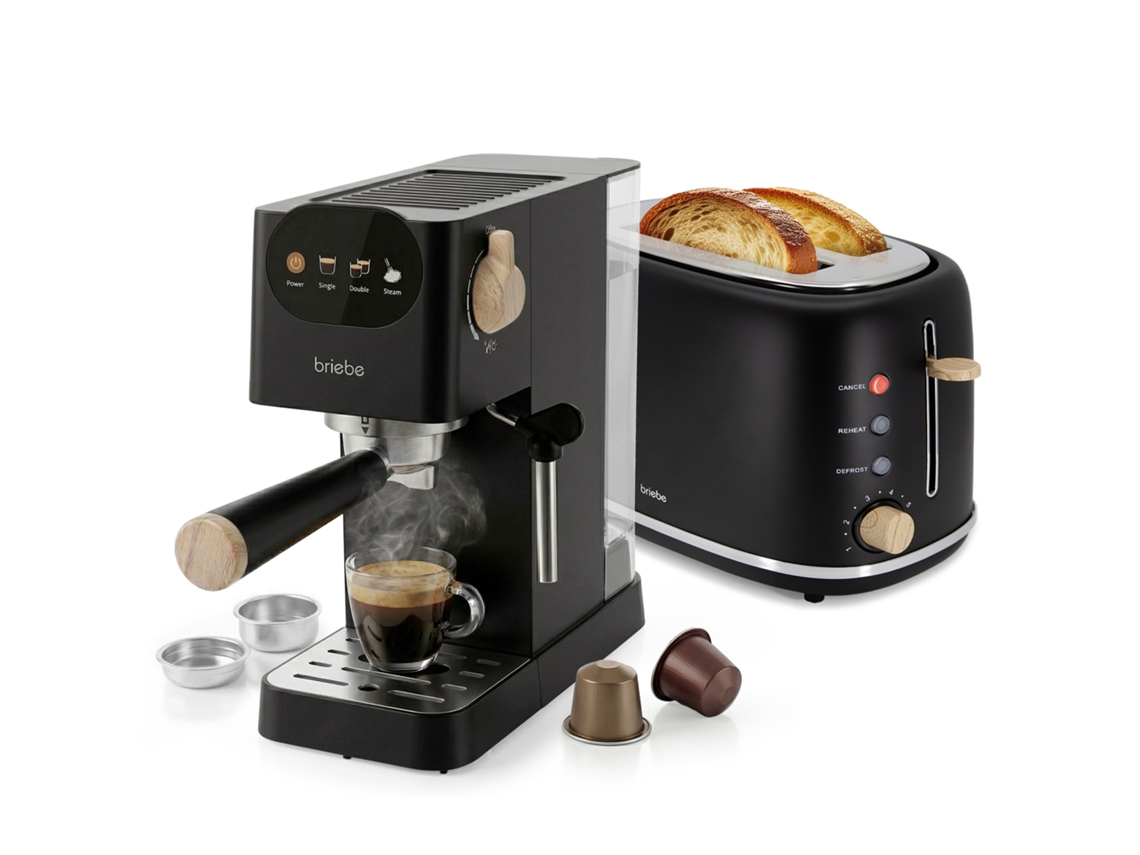 Nordic Set Cafetera 20 Bares Cápsulas, Café Molido Espumador Leche Tostadora 2 Rebanadas Anchas Briebe Skt1221blk Negro