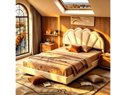 Cama Doble Tapizada De 140 X 200 Cm, Cama Flotante Con Patas Ocultas, Cabecero Elástico Con Forma De Pétalos De Algodón, Estructura De Cama Con Led