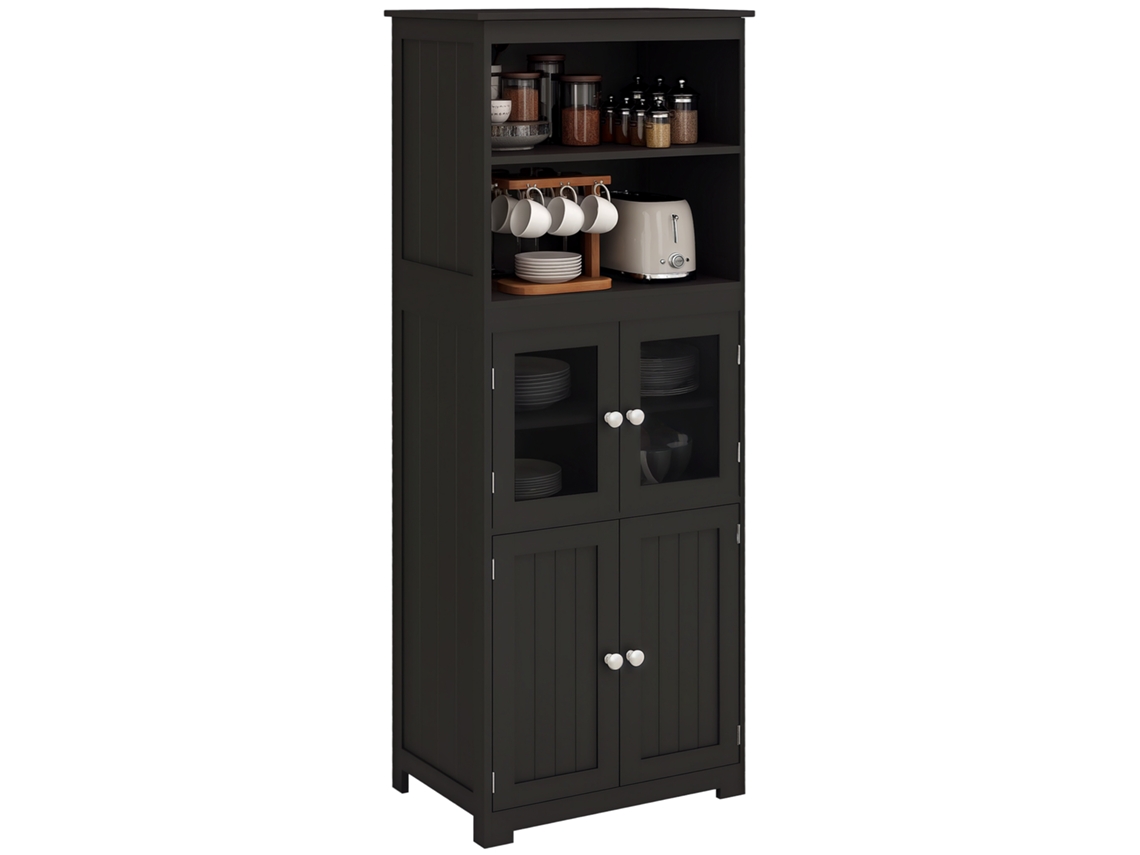 Mueble de cocina con 2 puertas de cristal templado, 2 estantes abiertos y estante ajustable, 60x30x162 cm, negro, ZENCORE SERVICES