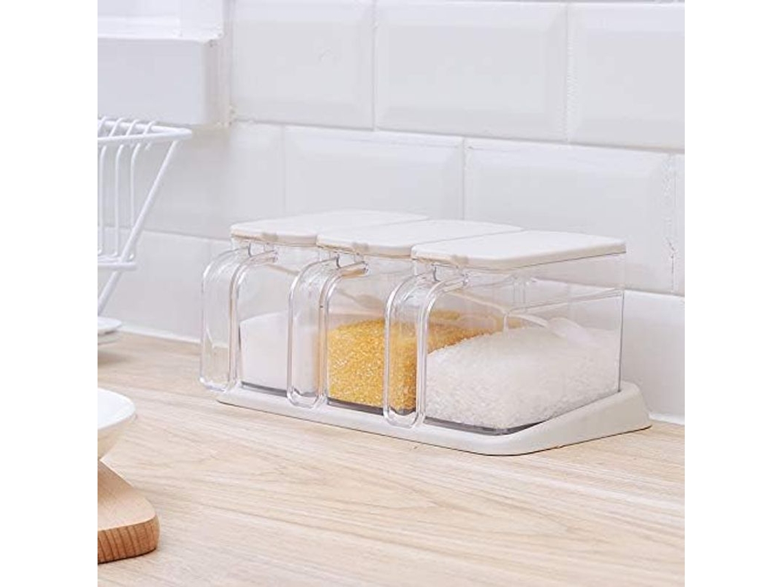 Caja Transparente Para Especias, 3 Piezas Con Cuchara Y Plato Antideslizante Para Sal, Azúcar Y Condimentos.