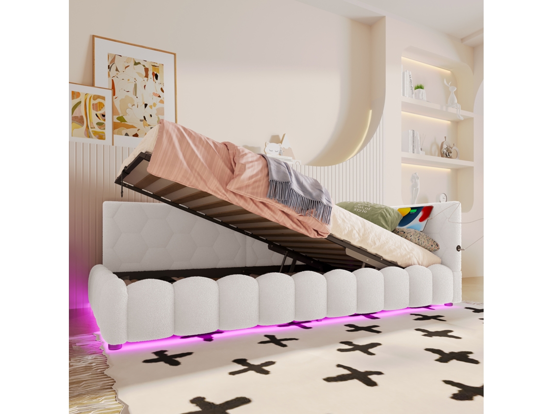 Sofá Cama, Sofá Cama De 90x200cm, Sofá Cama, Cama Con Somier (sin Colchón), Con Led, Con Mecanismo De Elevación Hidráulico, Blanco