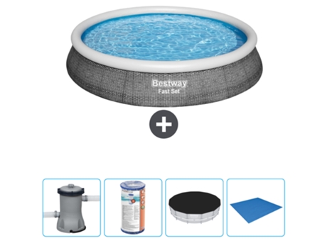 Piscina hinchable redonda Fast Set BESTWAY - Estampado ratán - 396 x 84 cm - Bomba incluida Filtrar - Cubrir - Suelo