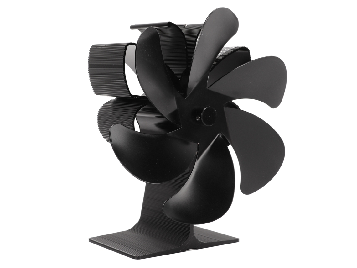 Ventilador de estufa ecológico de 6 aspas con arranque automático, resistente a altas temperaturas, no eléctrico, de color negro.