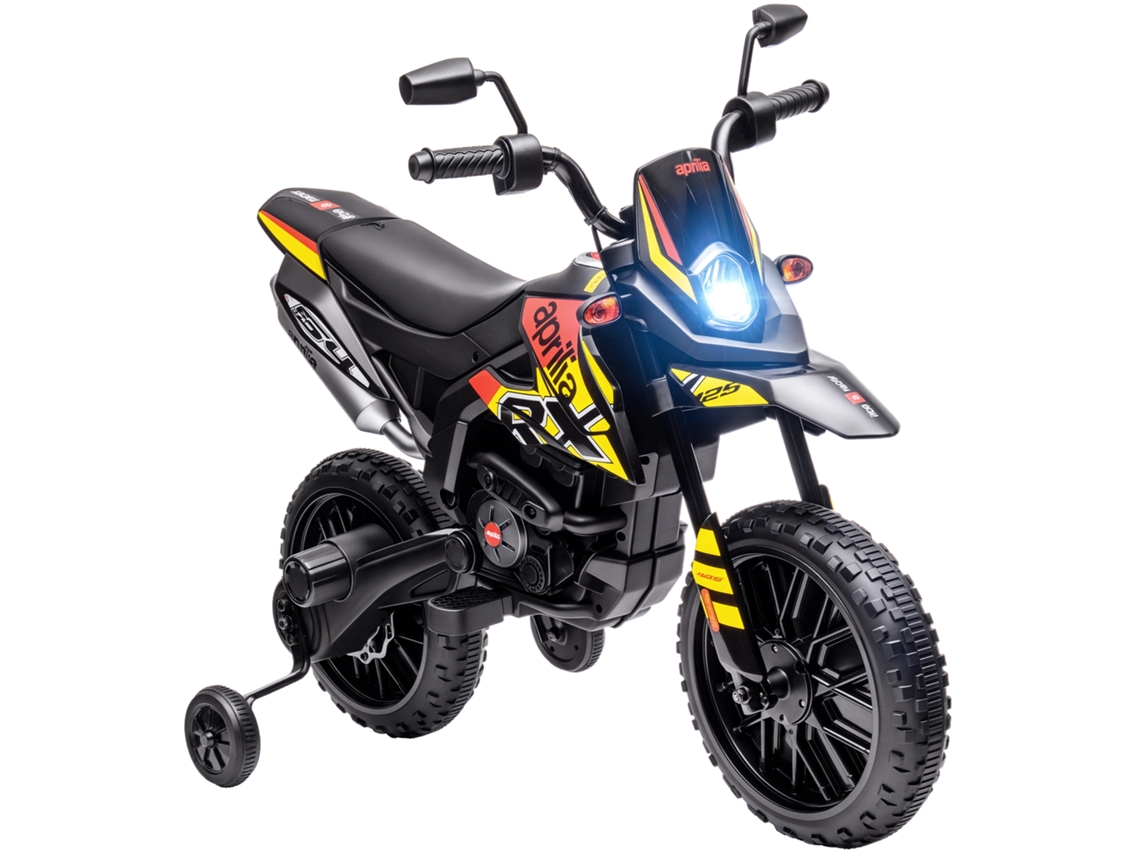 Moto infantil de 12 V con ruedines de apoyo, soporte, luces LED, puerto USB, color amarillo.