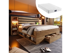 Cama Doble De Madera De Roble, 160x200 Mm, Cajones, Led, Usb C, Colchón Incluido.