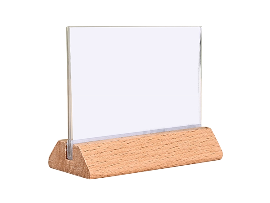 JILLIOPER Placa de Mesa Acrílica en Forma de T con Soporte de Madera de Haya para Oficina Cartel de Comida Tarjeta de Precio en Madera Maciza A4