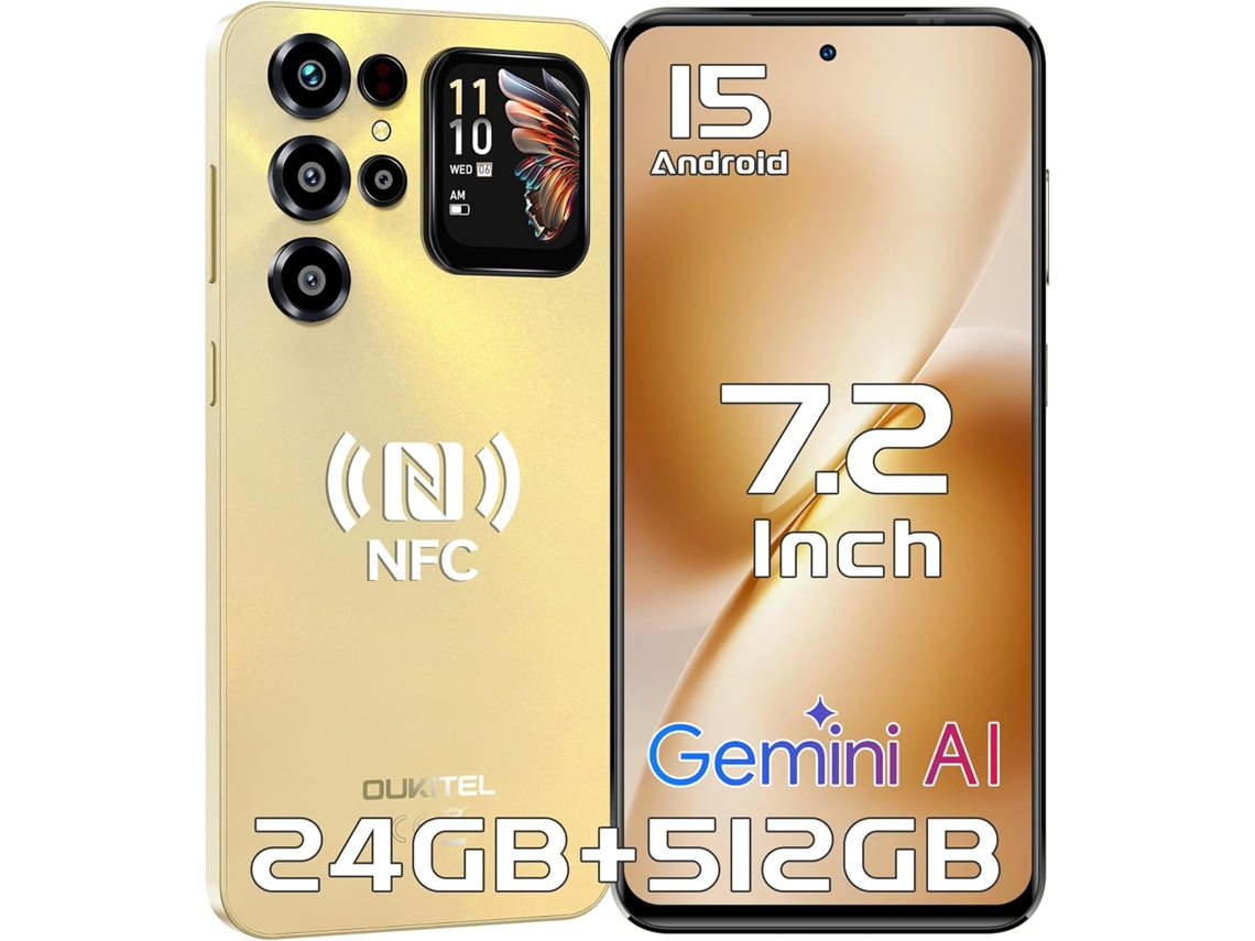 Smartphone Oukitel C68 Plus, 24 GB de RAM, 512 GB de almacenamiento, pantalla de 7,2 pulgadas, frecuencia de actualización de 120 Hz, batería de 6000 mAh, cámara de 64 MP, Android 15, NFC, doble SIM, 4G, color dorado.