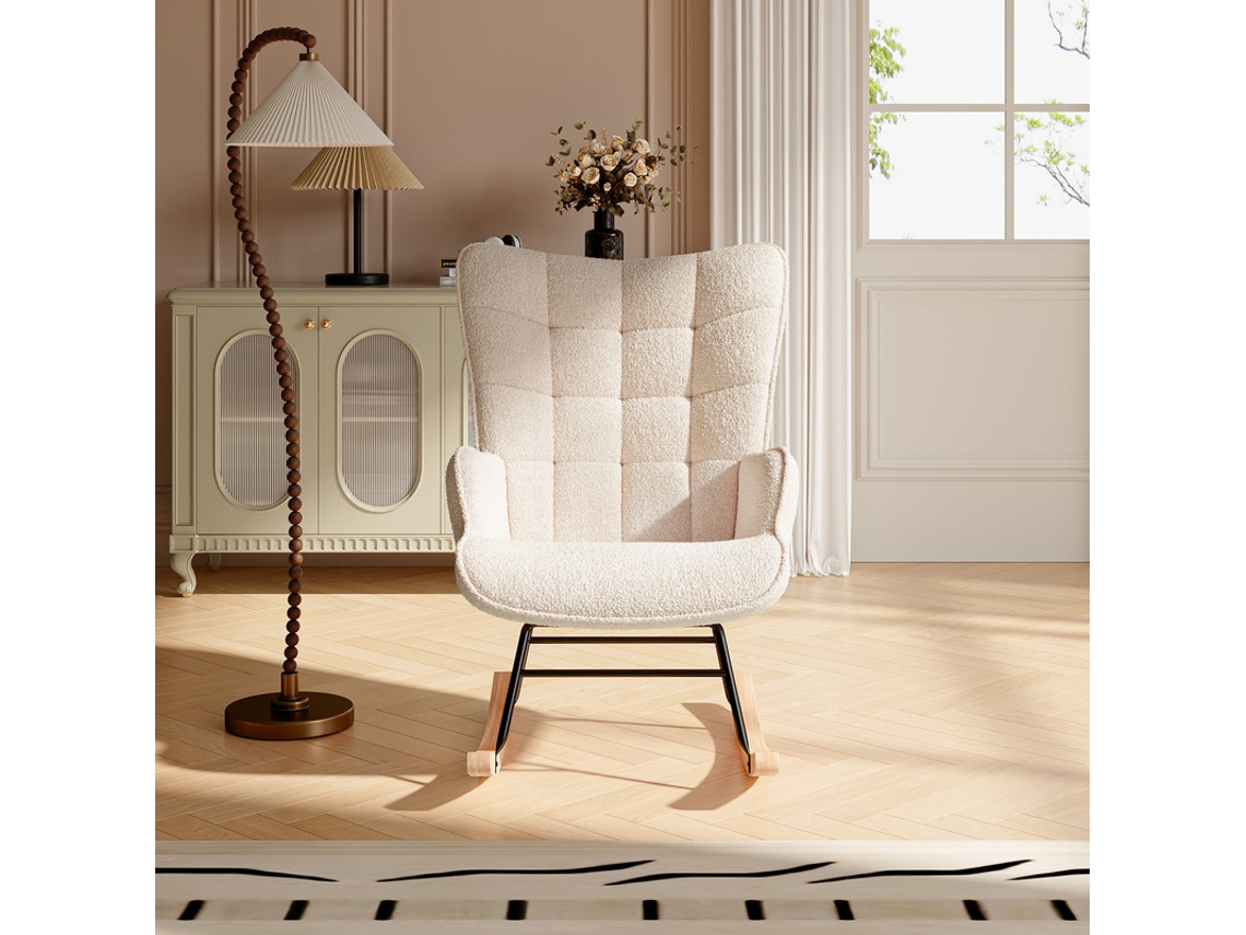 Sillón Mecedor De Felpa Teddy,estructura De Madera Y Metal,asiento Confortable,diseño Moderno Para Salón,dormitorio O Balcón,beige