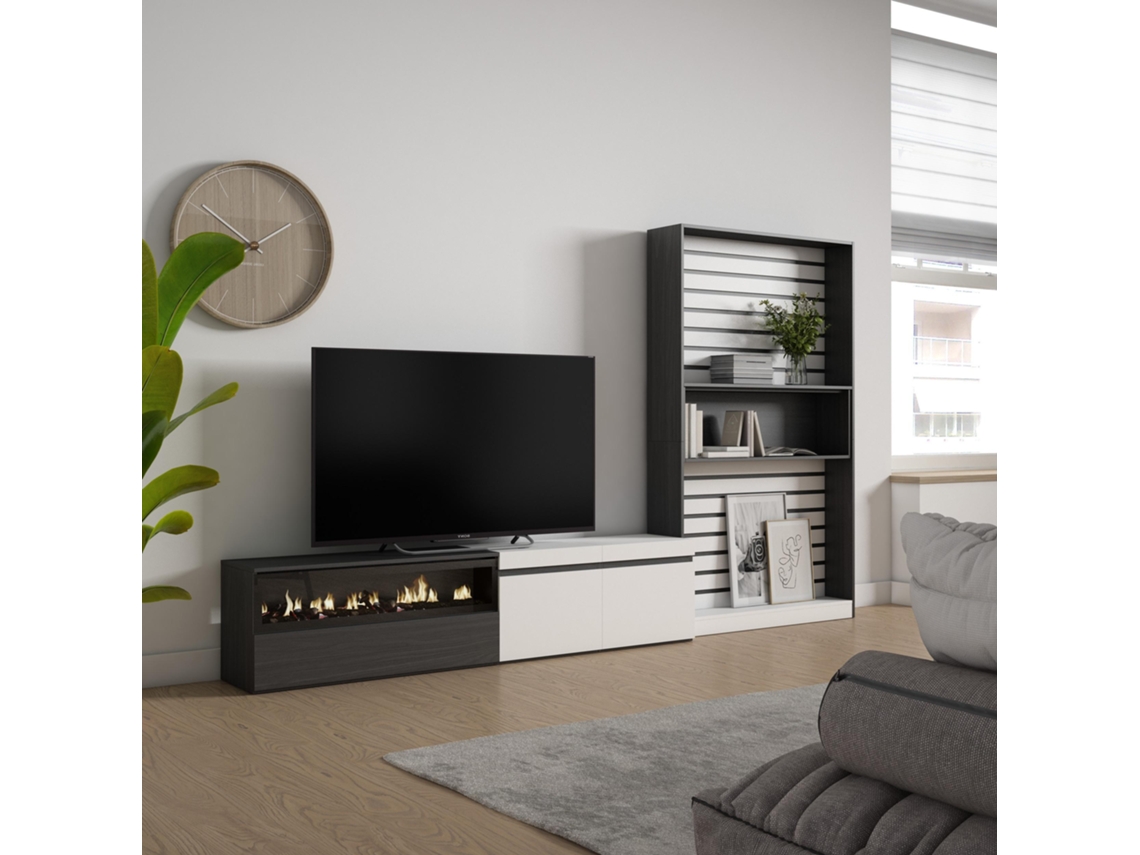 Muebles de Salón para TV SKRAUT HOME Para TV hasta 80", Chimenea eléctrica, Blanco y Negro (310x186x35 cm)