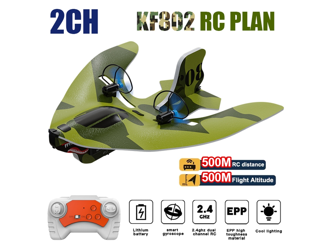 Avión RC Kf802 de 2 canales, listo para volar, control remoto de 2.4 GHz con luz LED, planeador fácil de volar para niños y principiantes. Aeuzwr