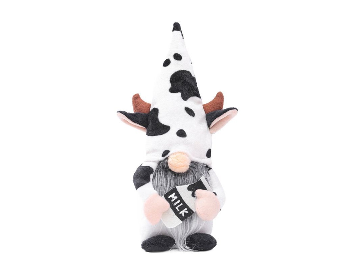 Boneco Gnome Vaca com Garrafa de Leite Suíça Handmade Decorativa Nórdica de Pelúcia