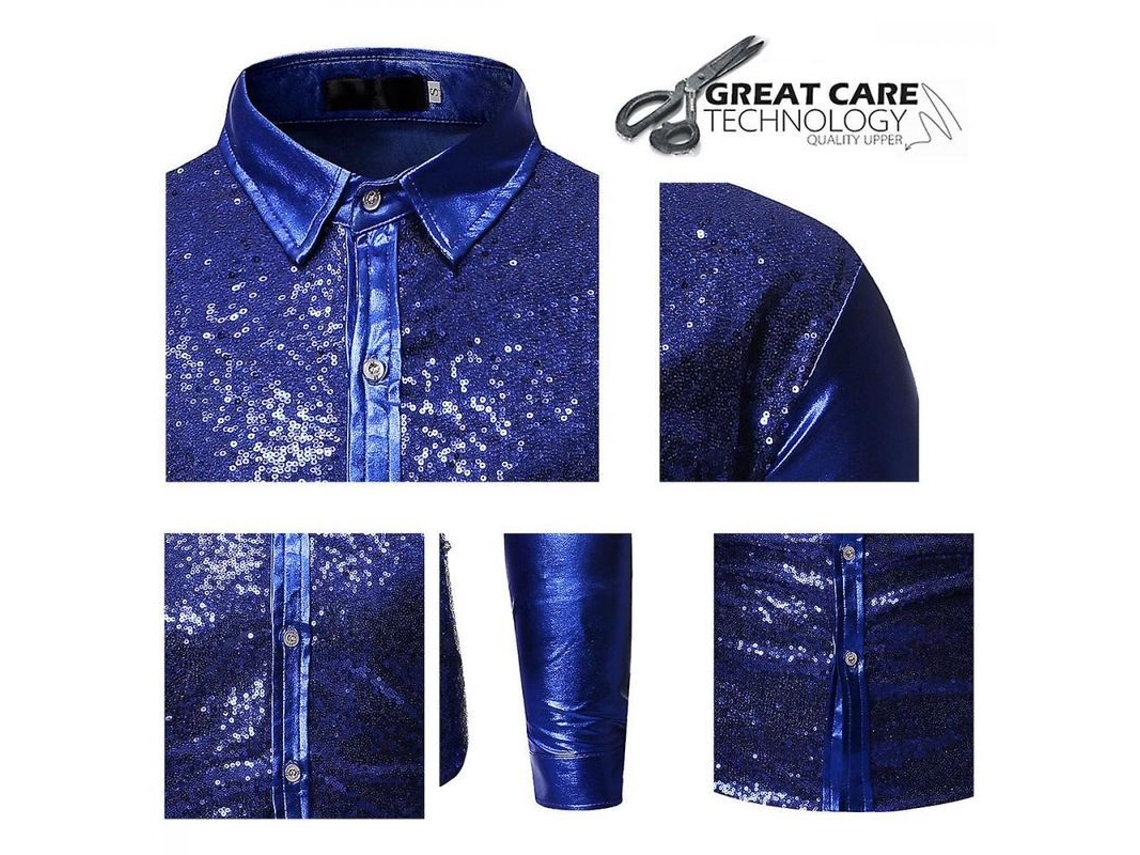 2026-camisa De Manga Larga Con Lapel Y Lentejuelas Para Hombre, Diseño De Doble Capa, Poliéster L Azul