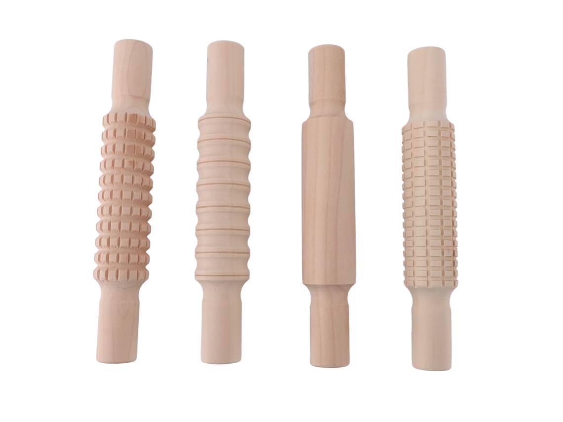 Juego De 4 Rodillos De Madera Con Diseños Grabados, Ideales Para Amasar Pasteles, Pizzas Y Galletas.