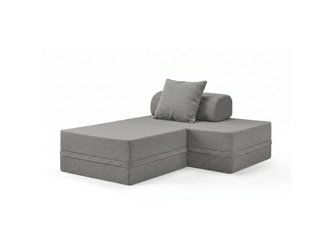 Sofá Modular 2 Lugares + Puff Convertible Bouclette Cinza Escuro