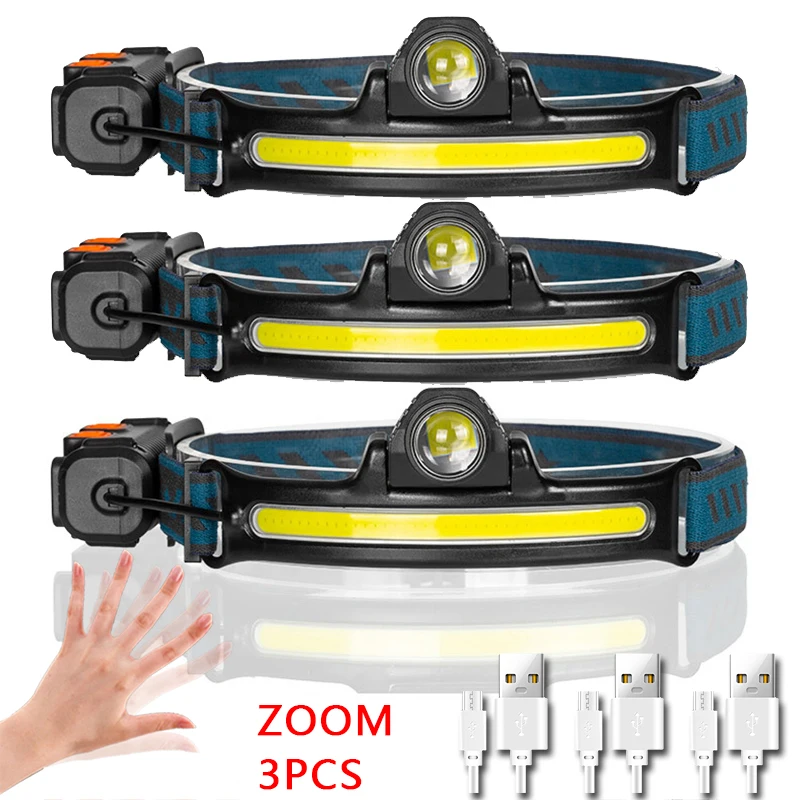 Potente linterna frontal Xpgcob con sensor de movimiento y batería 18650 integrada, recargable para acampar al aire libre. Aeuzwr