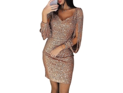 Vestido Sequin Mujer Brillo Sexy Cuello V Profundo Manga Larga Tassel Corto Sobre La Rodilla Oro Rosa Jddxxxl
