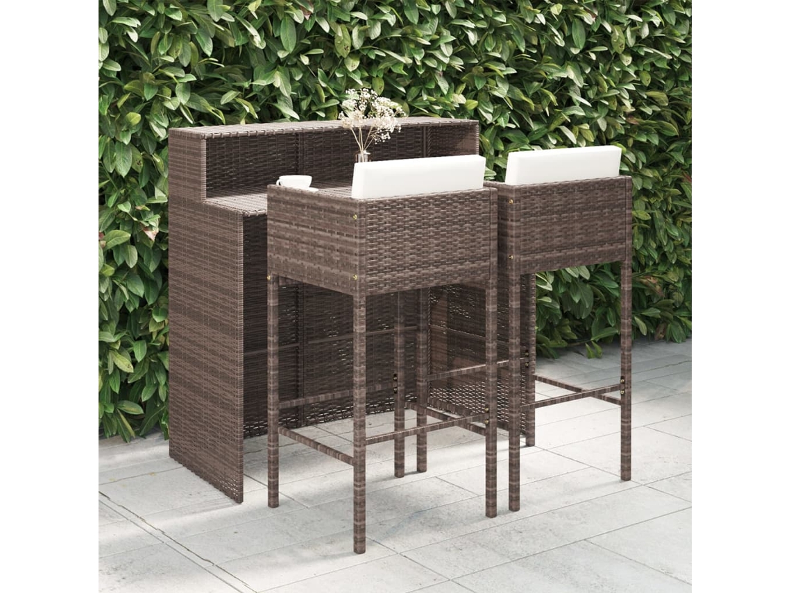Conjunto de bar de jardín de 3 piezas con cojines de mimbre marrón de DKD Home Decor