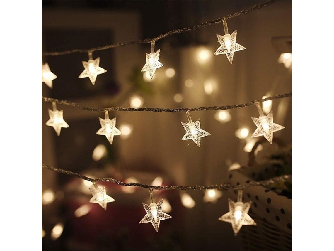 Guirnalda De 100 Luces Led En Forma De Estrella, Enchufable, Resistente Al Agua, Extensible Para Navidad, Luz Blanca Cálida.