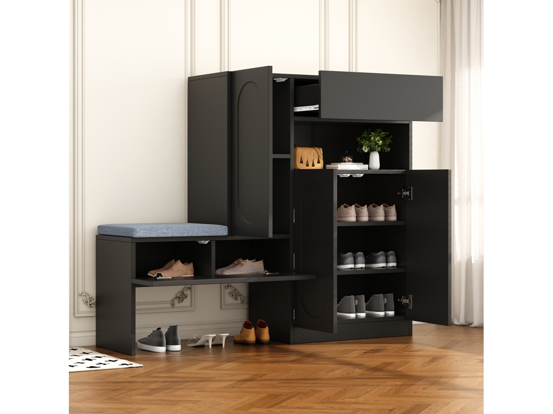 Zapatero 2 en 1 con puertas curvas y estantes ajustables, banco acolchado, negro, MOBRIO (130 x 35 x 110 cm)