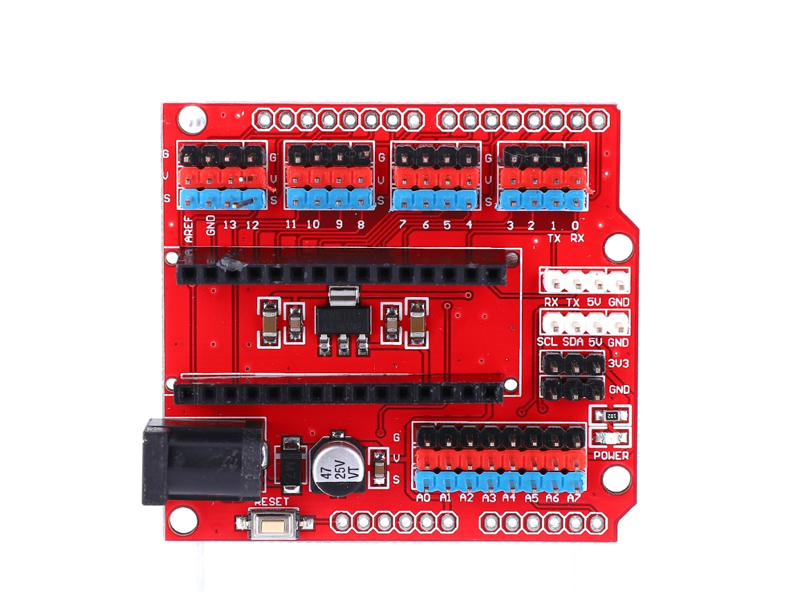 Adaptador de terminal para placa de expansión Velora 2026 con E/S de 14 pines, 8 analógicas, 6 PWM, salida de 3,3 V y entrada de alimentación para servomotor.