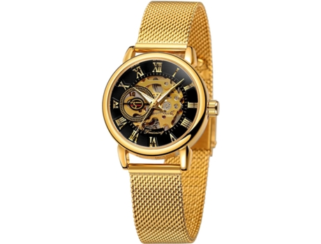 VEANXIN Reloj mecánico hueco Reloj de pulsera de malla de cuerda manual-Oro blanco