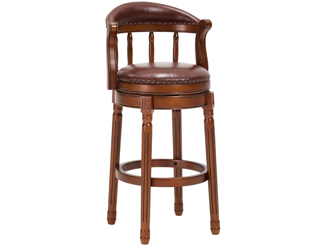 Taburete De Bar De Madera Con Asiento De Cuero De Vaca, Giratorio 360°.