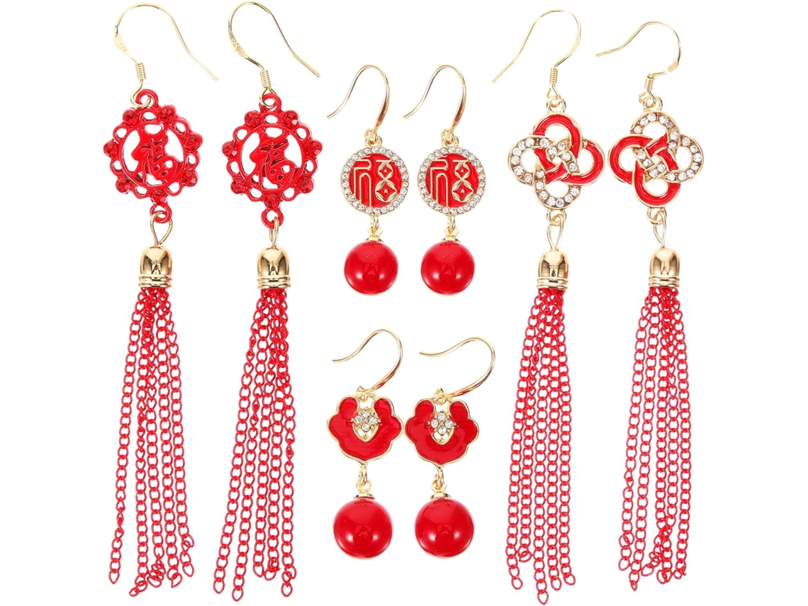 4 Pares De Pendientes Colgantes Chinos Rojos Para Mujer, Estilo Año Nuevo, Aleación Ligera.