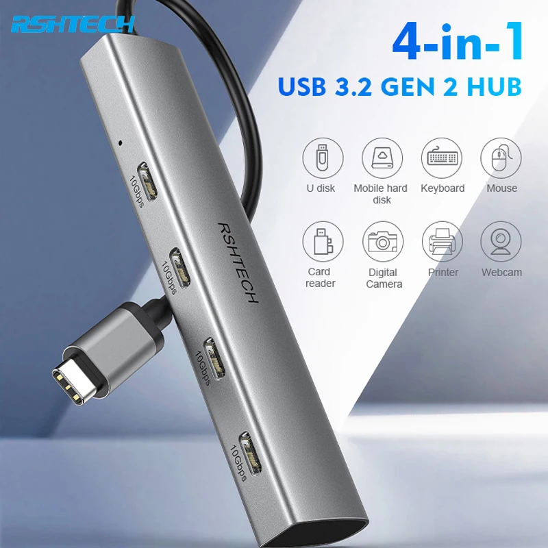 Concentrador USB-C de aluminio de 4 puertos, USB 3.2 Gen 2 de 10 Gbps, adaptador portátil Thunderbolt/Tipo C para portátil, gris espacial