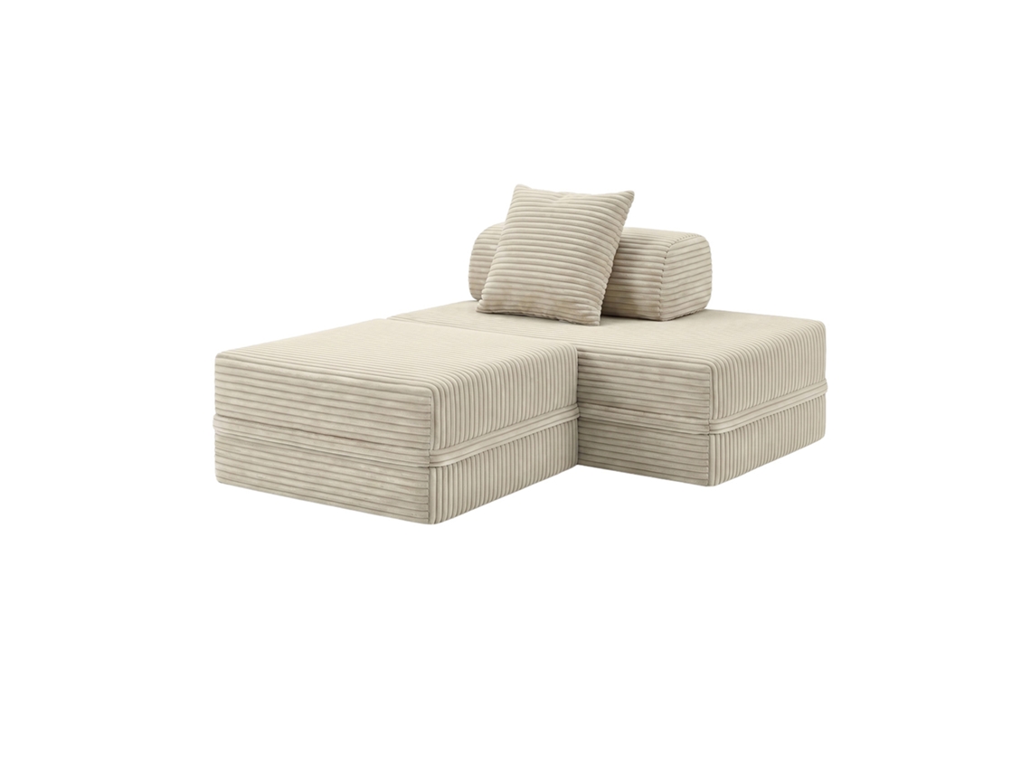 Sofá modular de 2 plazas + otomana convertible en terciopelo a rayas beige de SKOFFA