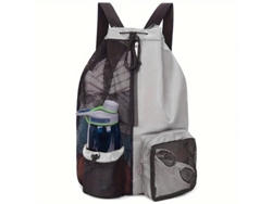 Bolsa de natación de malla gris claro con cierre de cordón, cuenta con un bolsillo impermeable, ideal para nadar y actividades físicas.