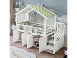 Litera Cama Infantil 90x200cm Con Rejilla De Protección Madera Contrachapada De Pino Blancoverde Sin Colchón