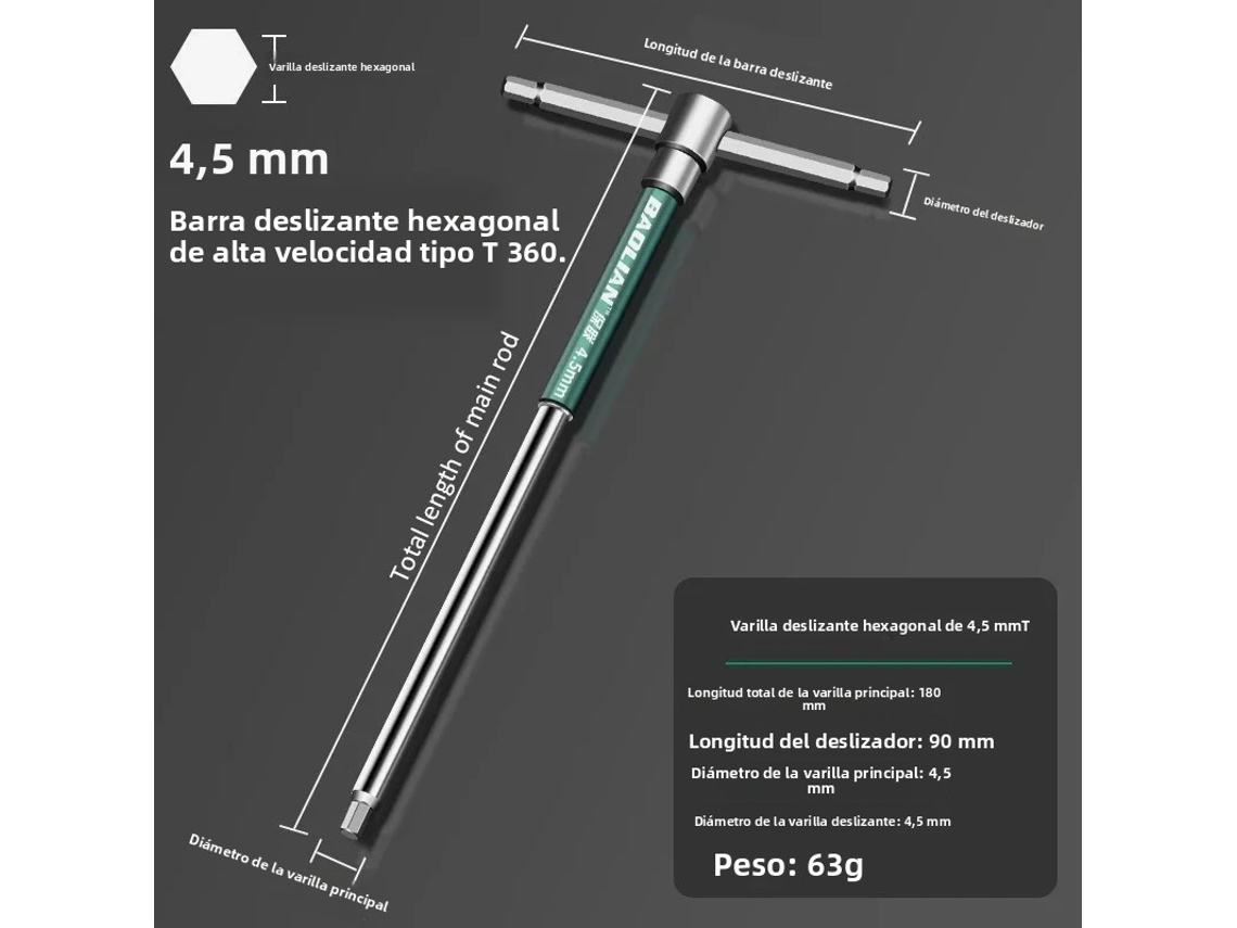 Llave hexagonal multifuncional MDUG tipo T en acero inoxidable (4,5 mm)