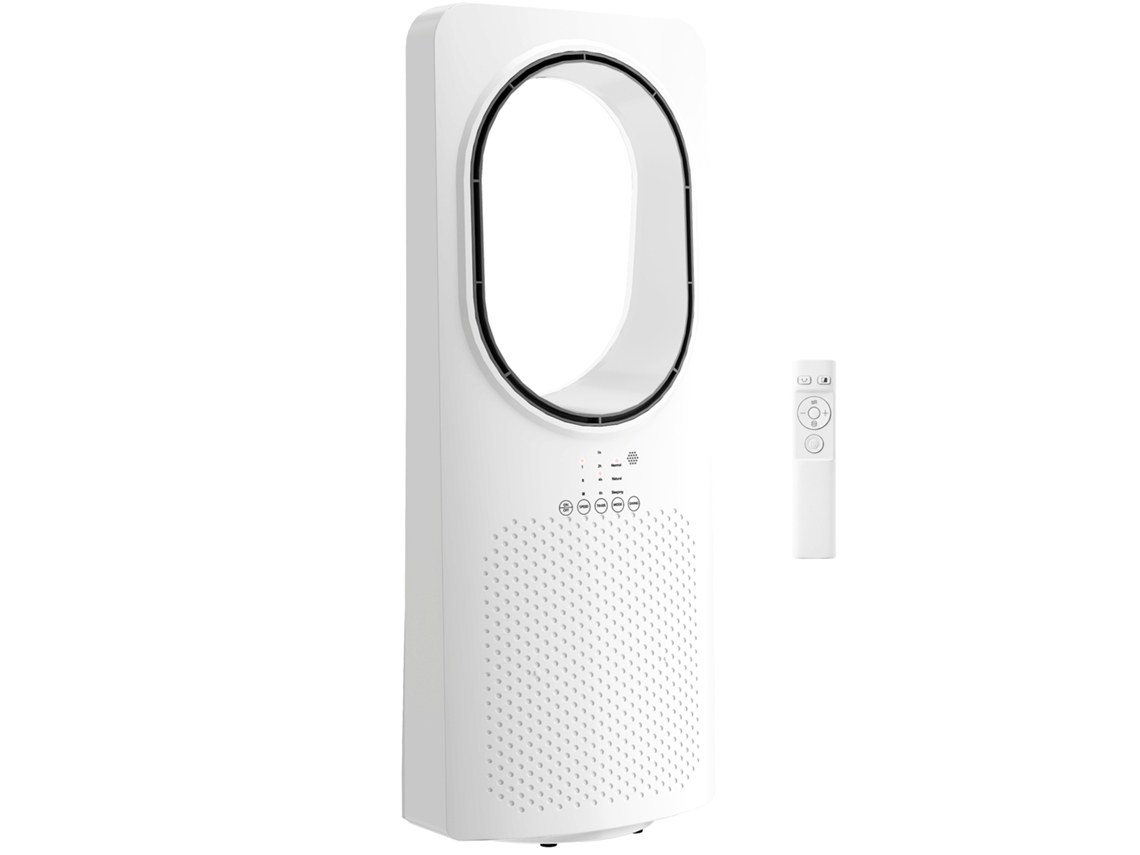 Ventilador de torre sin aspas, 36 dB, oscilación de 45°, 3 velocidades, 3 modos, temporizador de 15 horas, blanco.