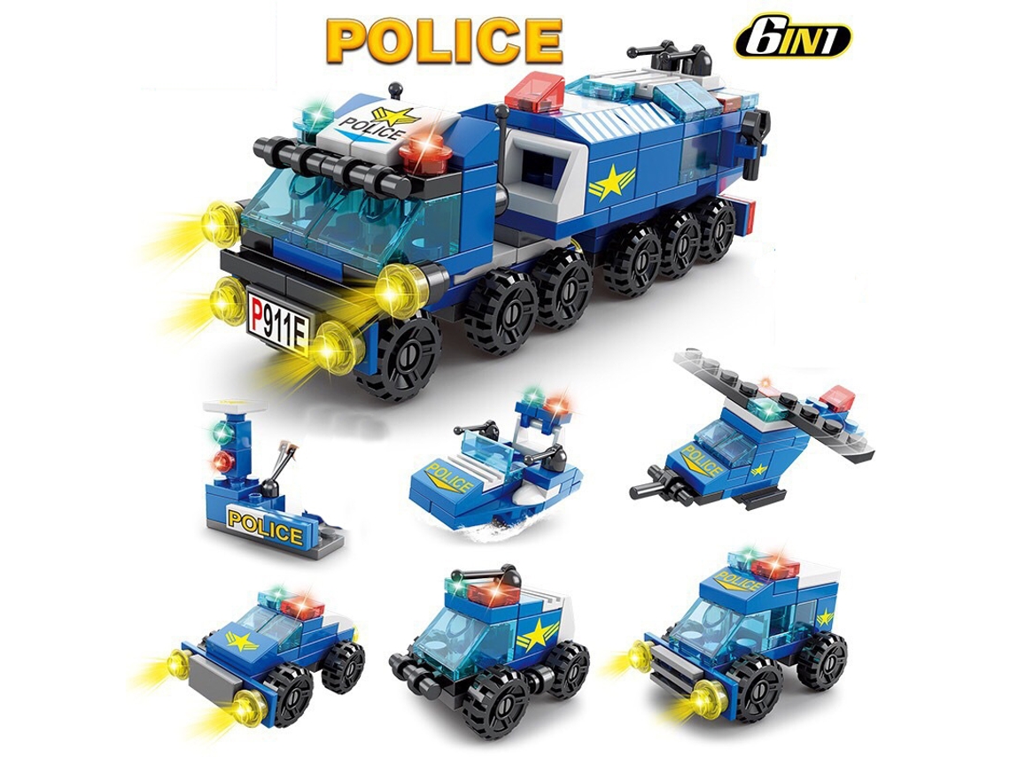 Minibloques de construcción 6 en 1: coche de policía, camión de bomberos y castillo. Kit de construcción DIY. Juguetes educativos para niños. Viewleaf