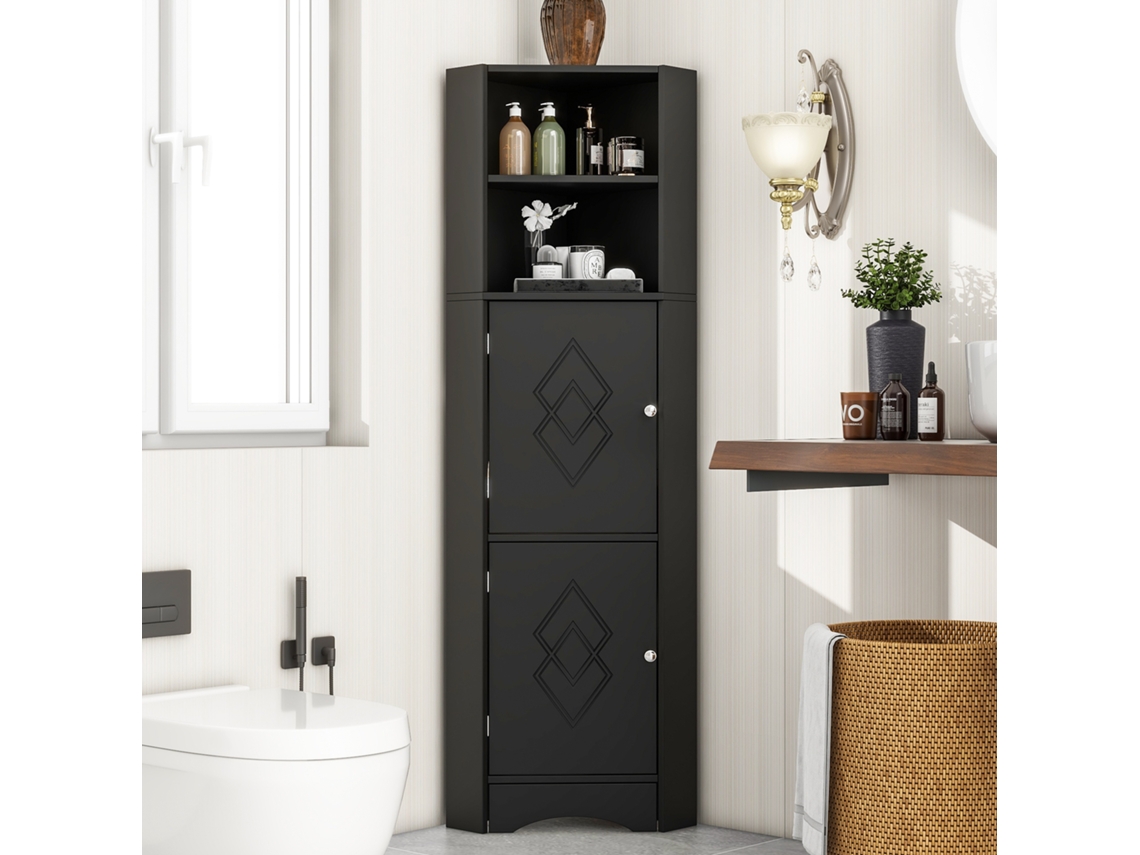 Columna de baño esquinera con 2 compartimentos abiertos y 2 puertas, estantes ajustables, estilo negro