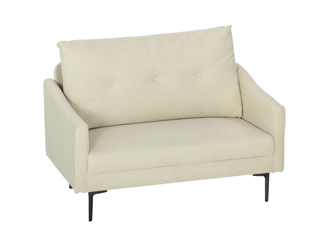 Sofá de dos plazas con tapizado en color crema y estructura de metal, sillón.