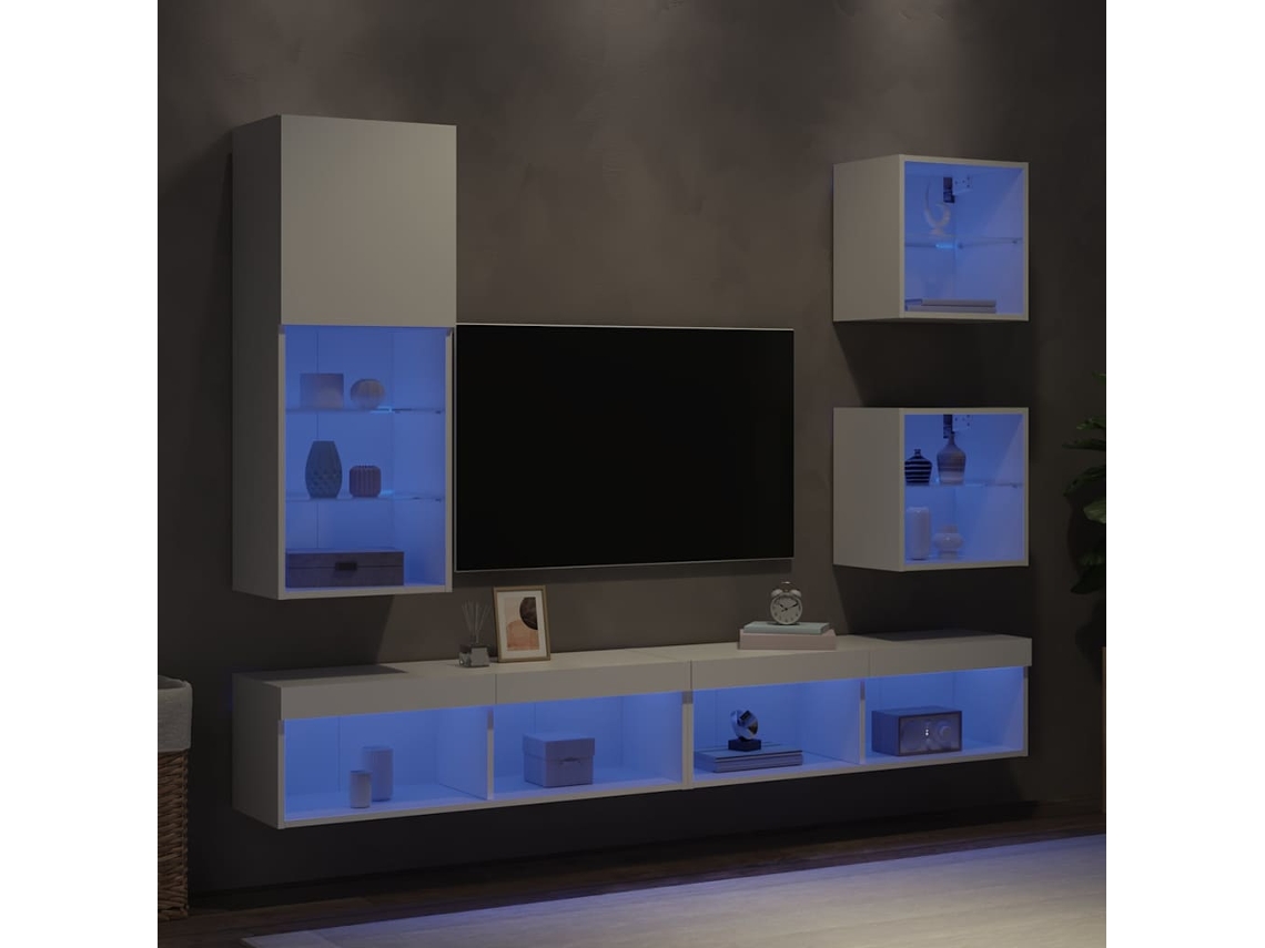 5 soportes de TV de pared | Mueble para TV | Mueble para TV con LED, derivados de madera, blanco