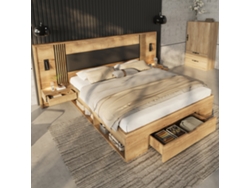 Cama Doble De 180x200, Con Espacio De Almacenamiento, De Madera, Zona De Lectura, 2 Mesitas De Noche, Cajones, Acabado Natural.