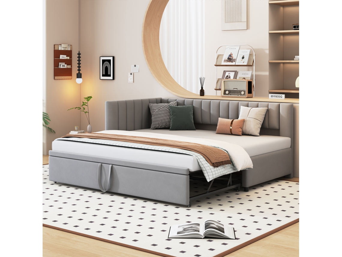 Sofá Cama En Forma De L, De 90/180x200 Cm, Convertible, Ideal Para Invitados, En Terciopelo Gris Con Espacio De Almacenamiento.